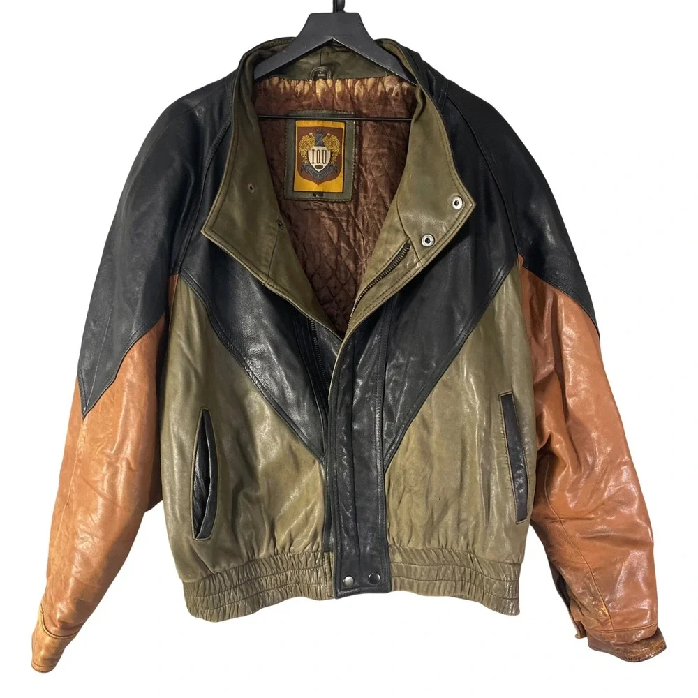 Vintage I.O.U. Leather Collection Jacket Mens M Colorblock Bomber 90s Grunge